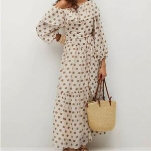 MNG | MANGO | Drop/Off the Shoulder Polka Dot Ruffle Maxi Dress | Size 2
